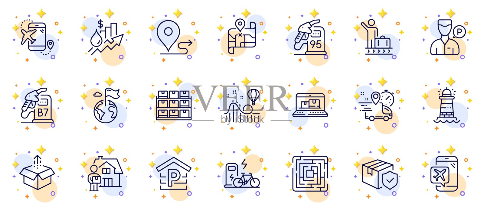 大纲集的航班目的地，迷宫和上涨的价格线图标的web应用程序。象形文字图标。向量图标素材