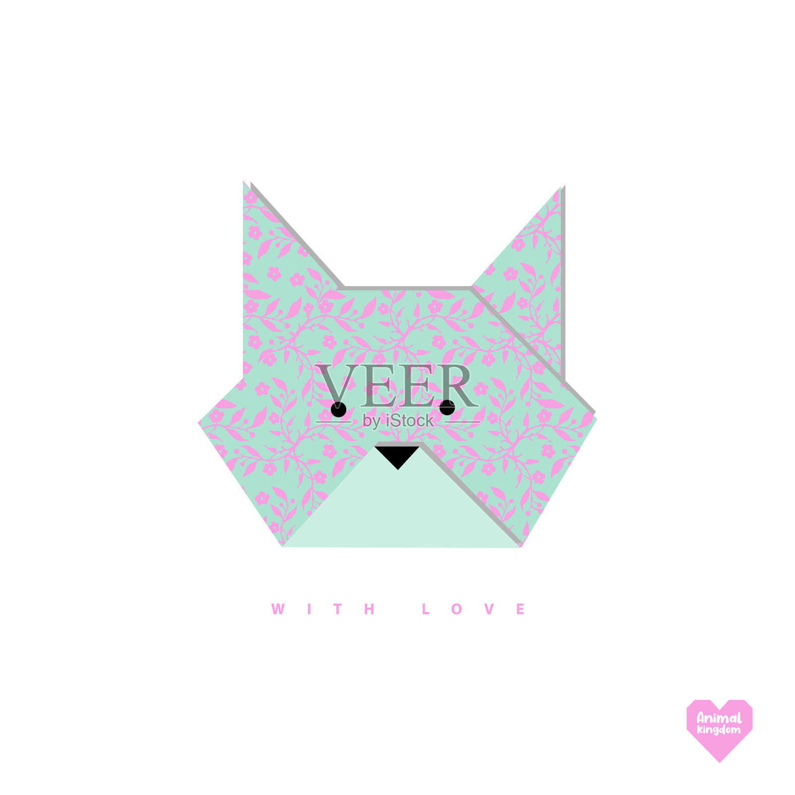 纸狐狸，花卉折纸设计，绿松石和粉红色，纸工艺，花卉图案背景，盛开，爆发，动物王国的标志插画图片素材