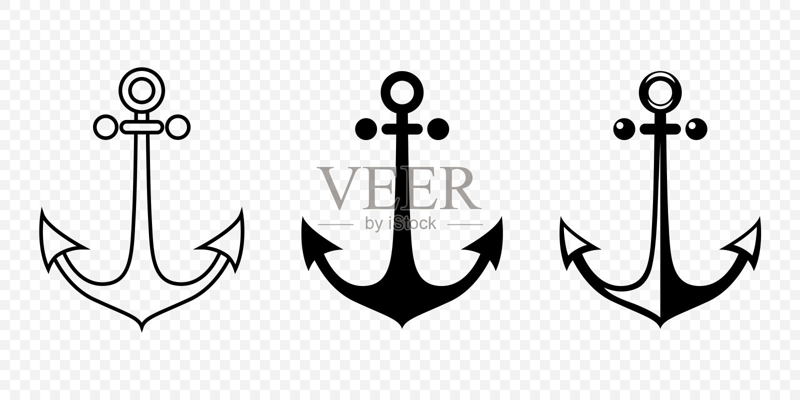 向量锚。锚剪影图标集。黑白锚与轮廓。锚设计模板集合。矢量图插画图片素材