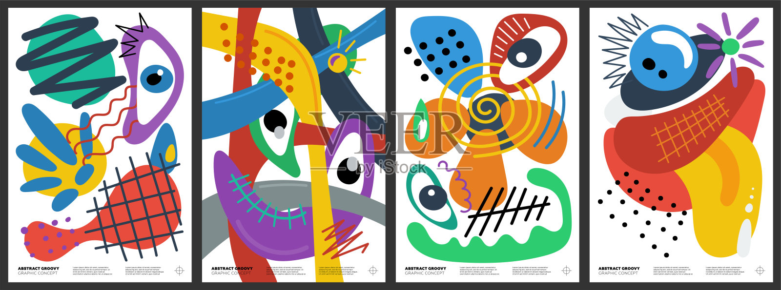 抽象疯狂的groovy风格写意原始形状拼贴图形海报概念。现代时尚的自由形式涂鸦印刷设计集合。装饰y2k艺术招贴模板。后现代艺术作品插画图片素材