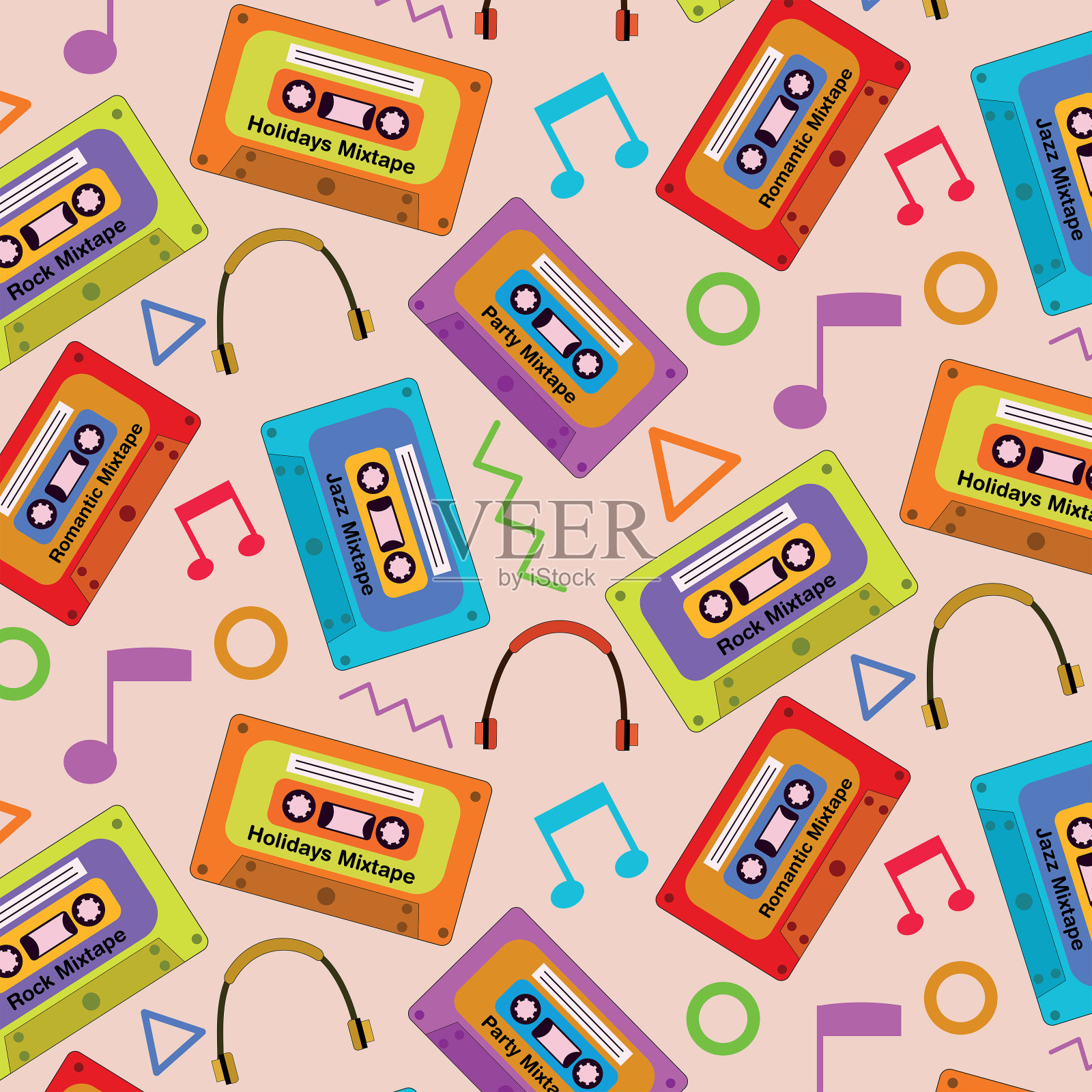 复古彩色磁带无缝耳机，音乐笔记和孟菲斯抽象形状。插画图片素材