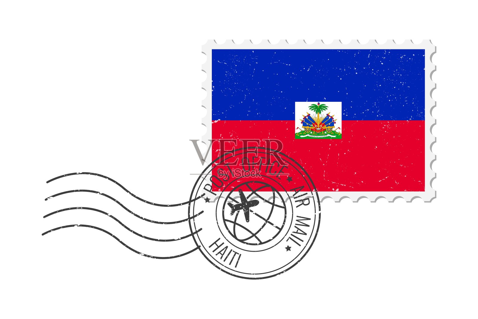 海地垃圾邮票。复古明信片矢量插图与海地国旗隔离在白色背景上。复古的风格。插画图片素材