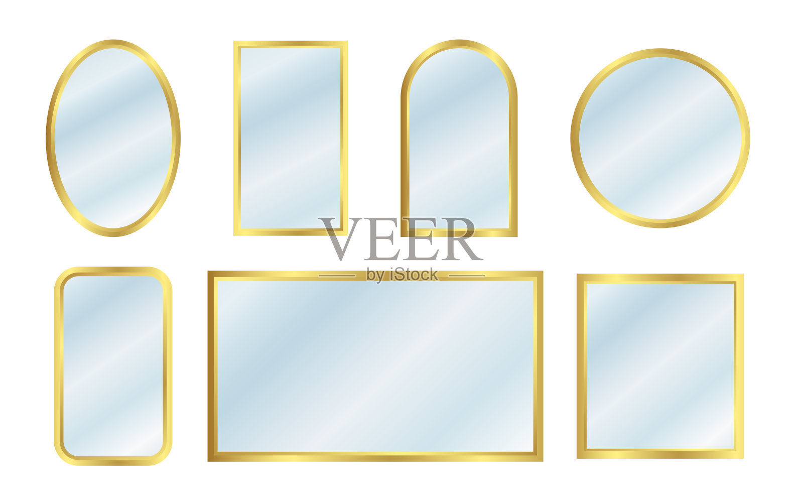 设置不同形状的镜面隔离。镜框、镜模板。反光玻璃表面隔离。室内家具的写实设计。矢量图插画图片素材