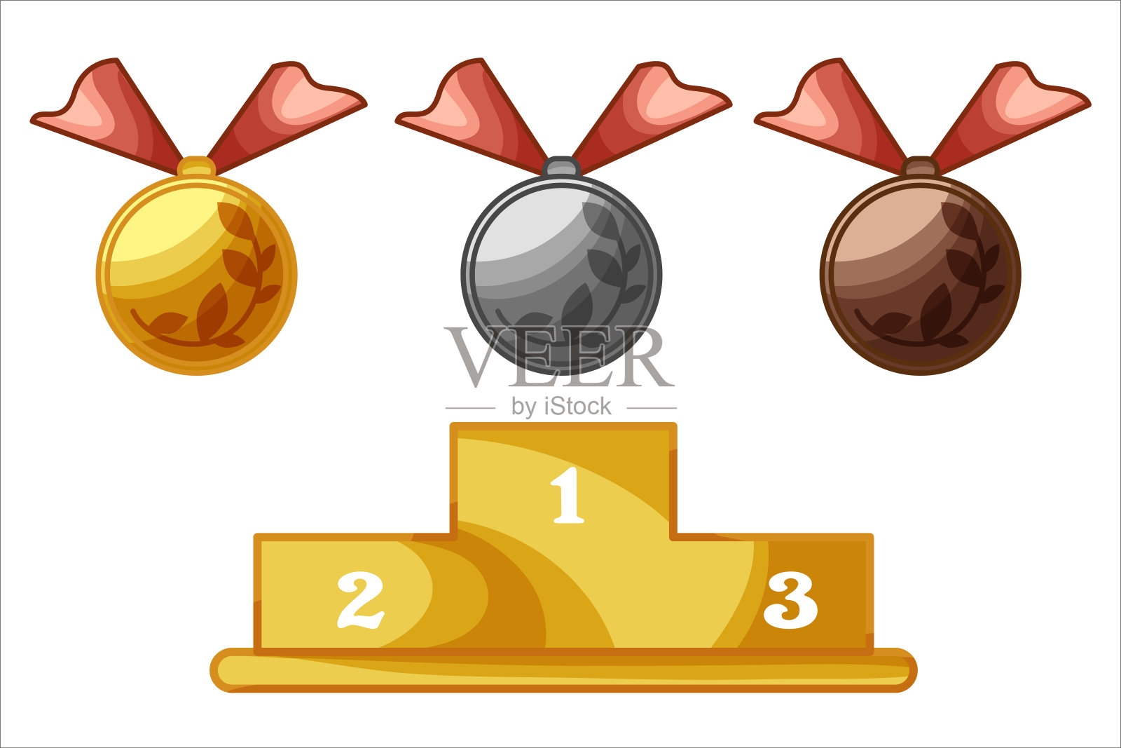 奖杯和奖牌。奖项奖品扁平图标，金，银和铜牌与丝带。优胜者杯，玻璃奖励和皇冠矢量集。奖品奖，成功杯和奖章，奖励优胜者插画图片素材