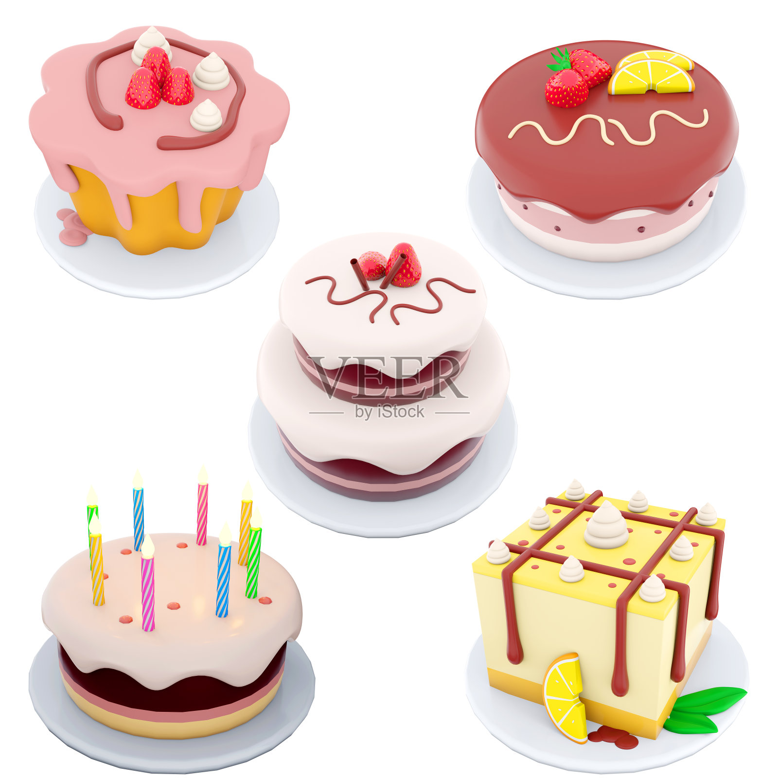 一套芝士蛋糕与新鲜浆果和薄荷隔离在白色背景照片摄影图片