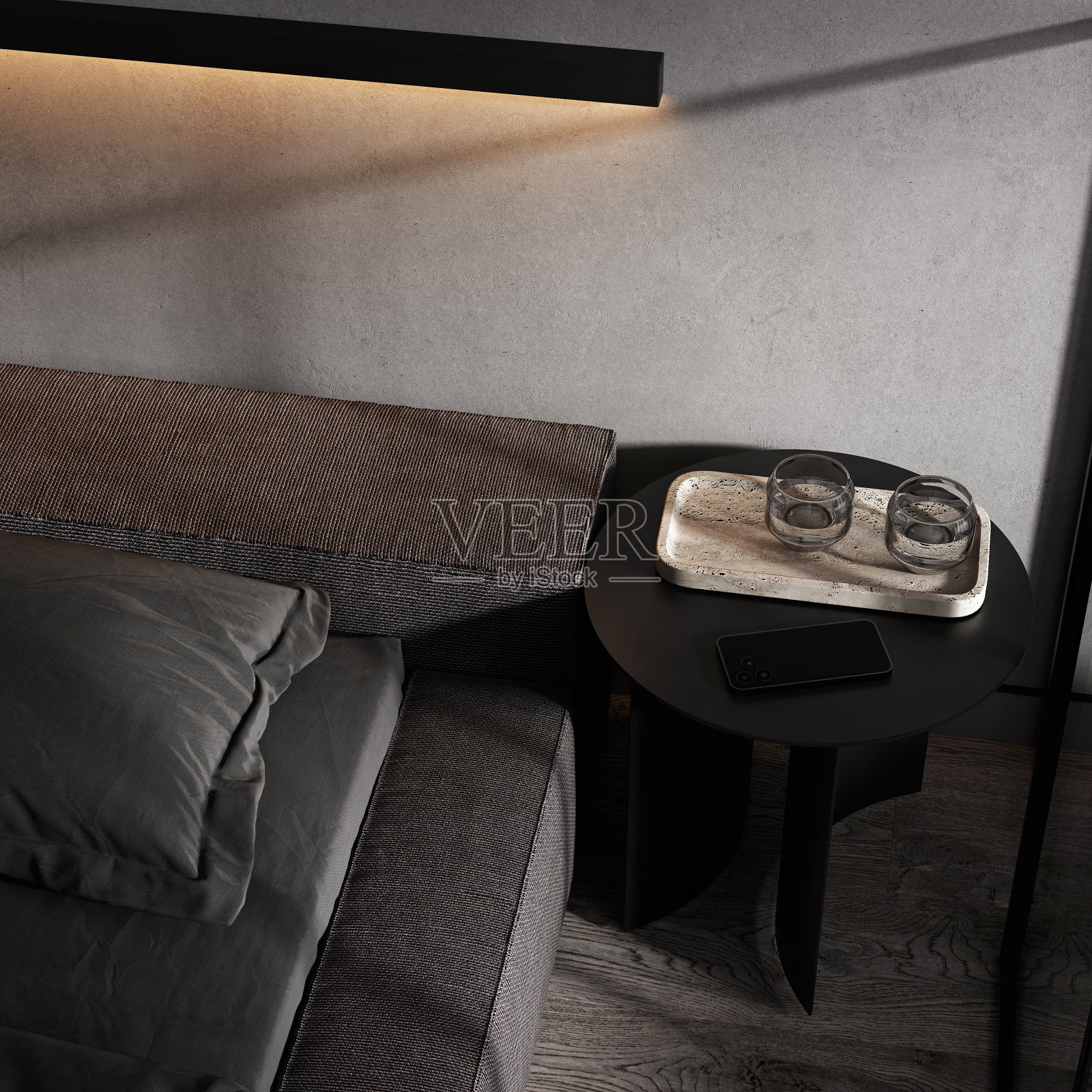 近景咖啡桌在现代黑暗的卧室室内背景，3d渲染照片摄影图片