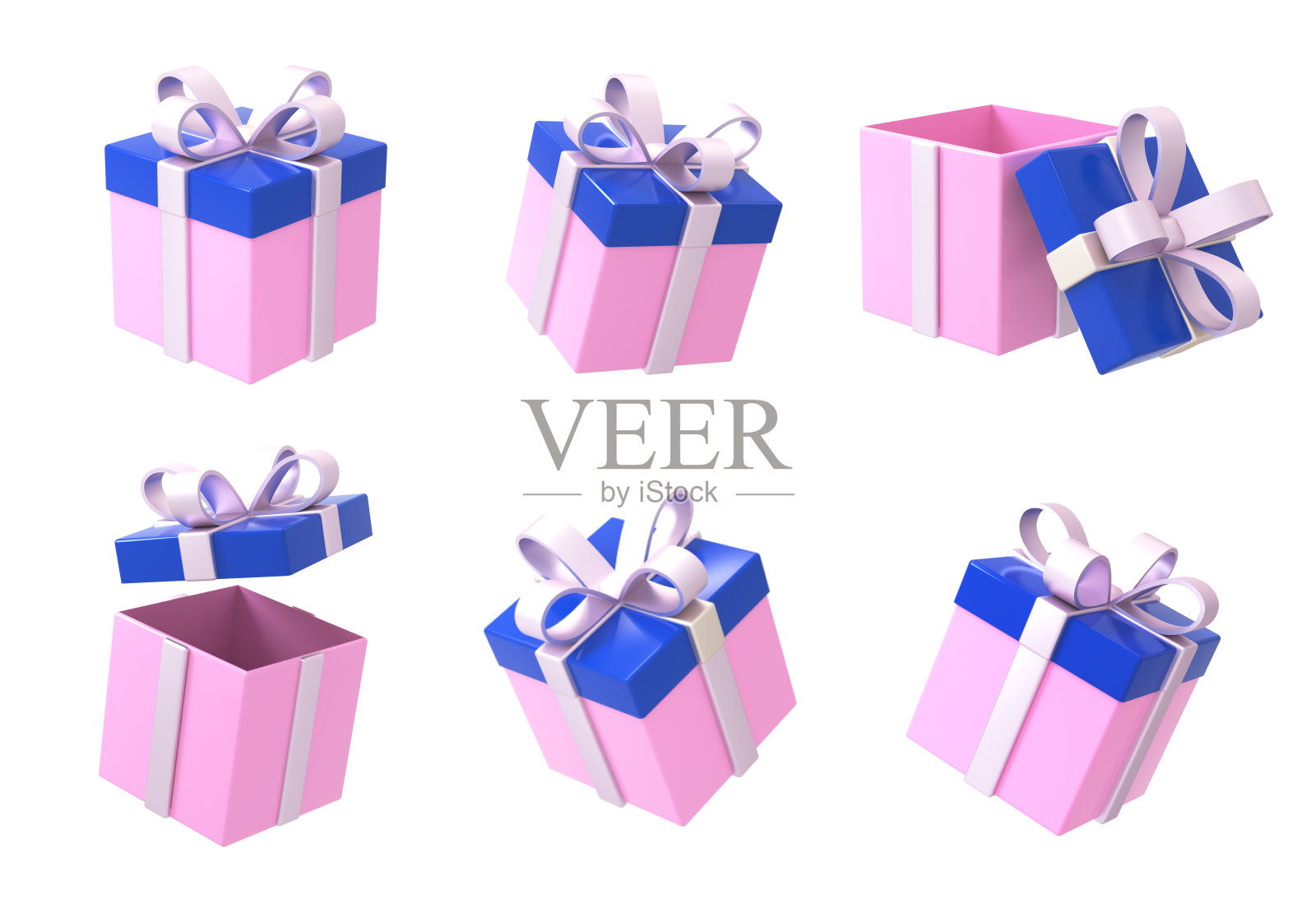 新年快乐，圣诞快乐现实粉红色礼盒与白色蝴蝶结。礼品盒的开合概念。圣诞装饰品。3d渲染插图。照片摄影图片