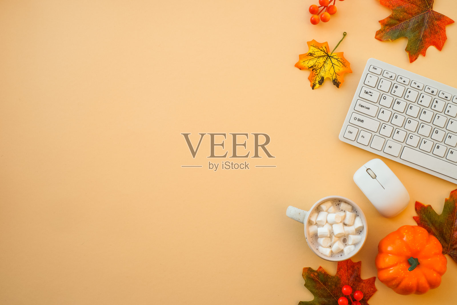 秋天的办公空间。秋平铺背景。照片摄影图片