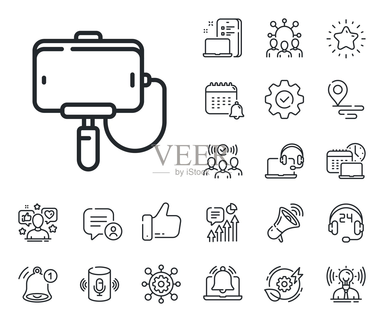 自拍杆线条图标。手机写真标志。放置位置，技术和智能扬声器。向量图标素材