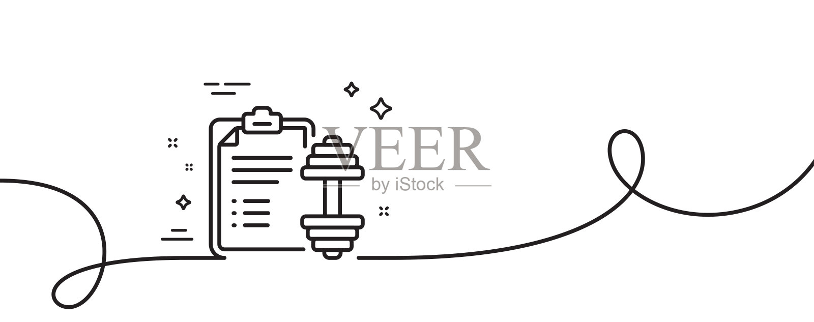 哑铃线图标。锻炼计划标志。带旋度的连续线。向量插画图片素材