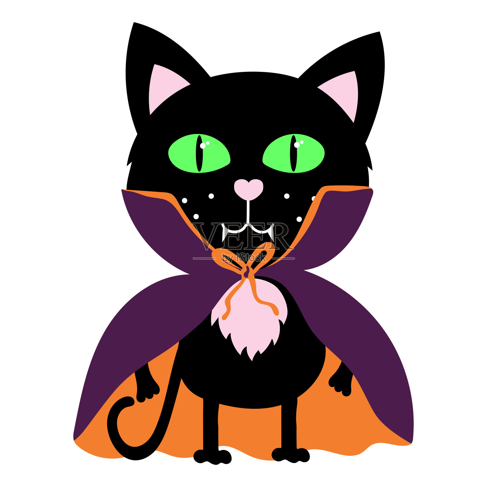 可爱的黑猫打扮成蝙蝠，吸血鬼。万圣节快乐的食尸鬼贴纸。插画图片素材