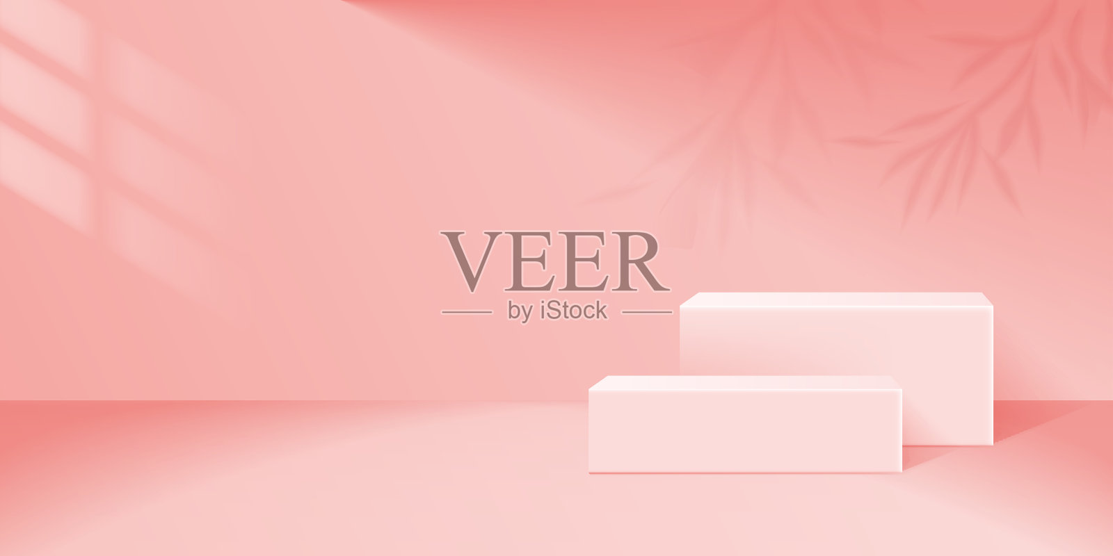 抽象的3D背景与讲台。带有叶子阴影的立方体场景。现场产品展示。矢量几何形式。插画图片素材