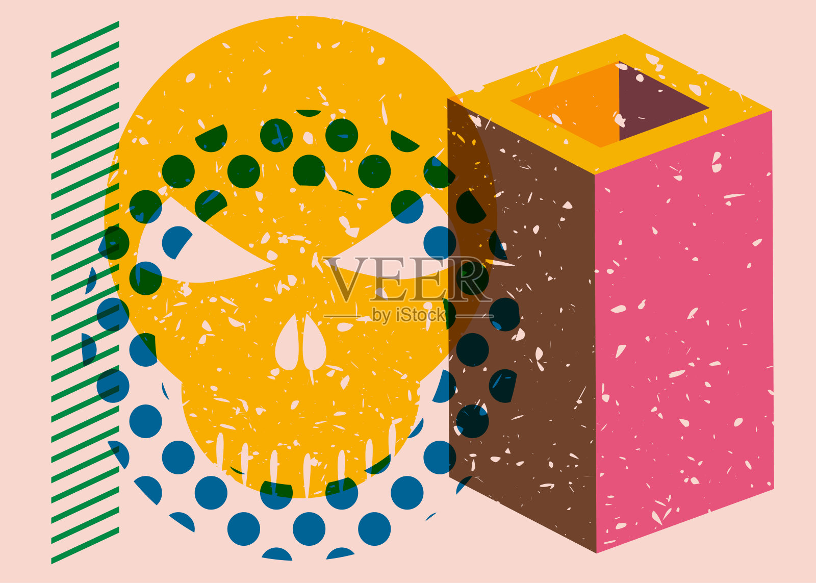 万圣节彩色risograph海报与头骨和几何形状。对象中的新潮图形设计，矢量几何元素。插画图片素材