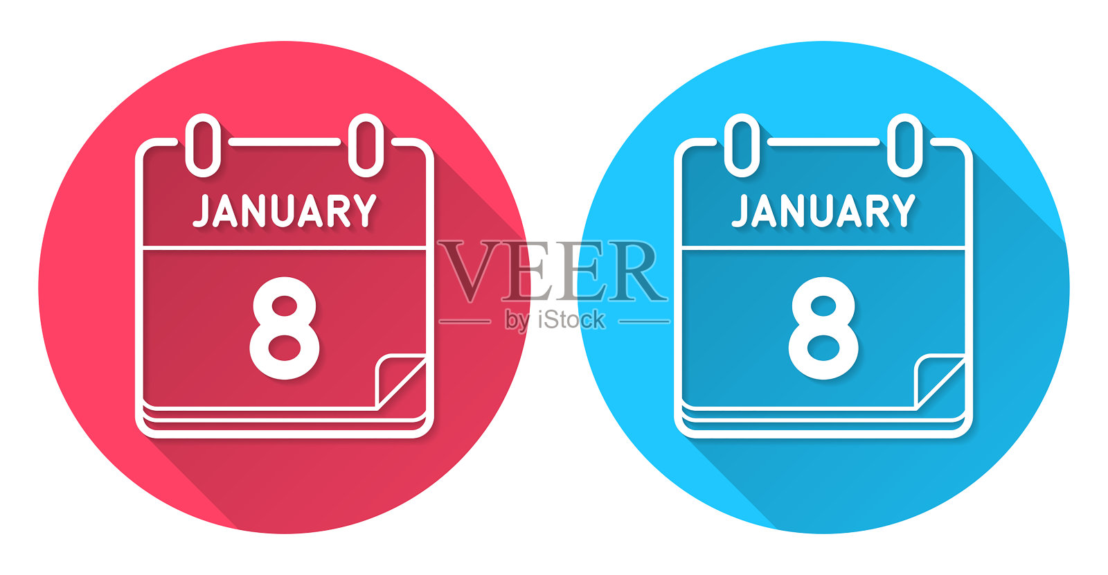1月8日。圆形图标与长阴影在红色或蓝色的背景插画图片素材