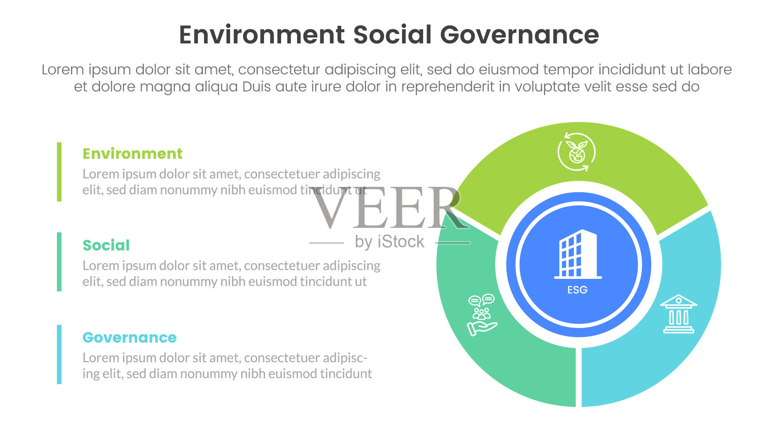 Esg环境、社会和治理信息图3点舞台模板，右栏上有大圆圈，用于幻灯片演示的概念插画图片素材