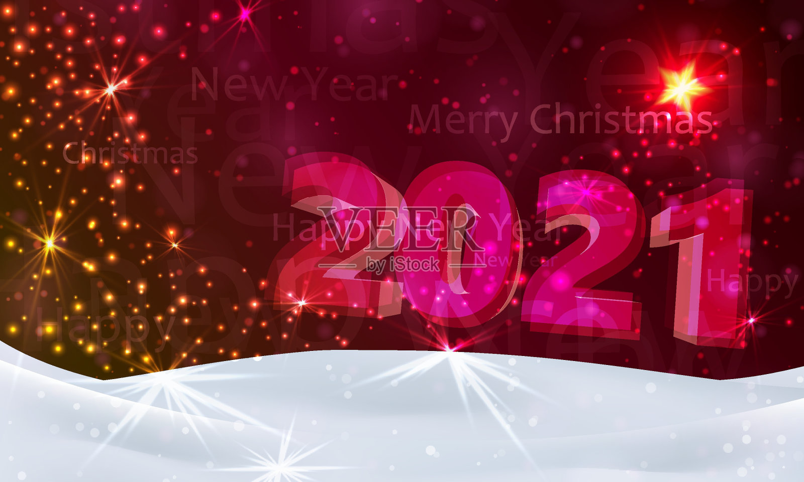圣诞夜的背景是星星和雪花，数字是2021，天空是暗红色的。矢量插图。圣诞快乐海报。节日设计，装饰。矢量插图。插画图片素材