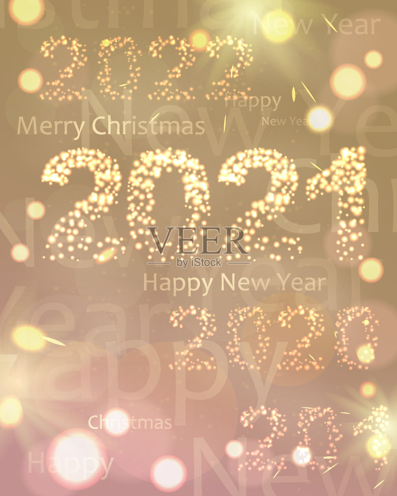 新年快乐横幅、海报、节日背景。明亮，金色，粉色，银色尘埃和灯光，散景。圣诞节日设计、装饰。矢量插图。插画图片素材