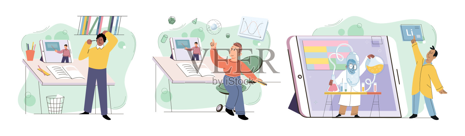 孩子们在家里设置好手机和平板电脑。孩子们睡觉前会躺在床上玩电子产品插画图片素材