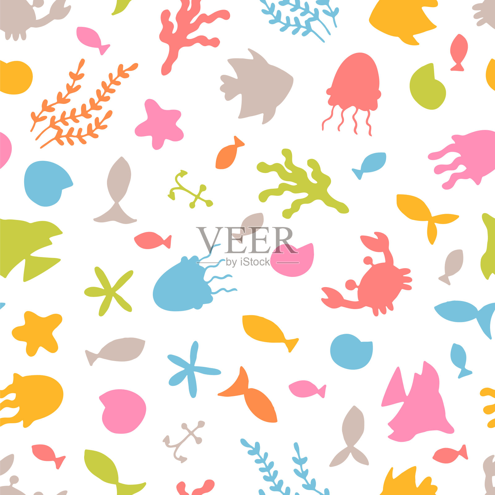 无缝图案与水下动物。海洋，海洋生物。航海的背景。平的风格插画图片素材