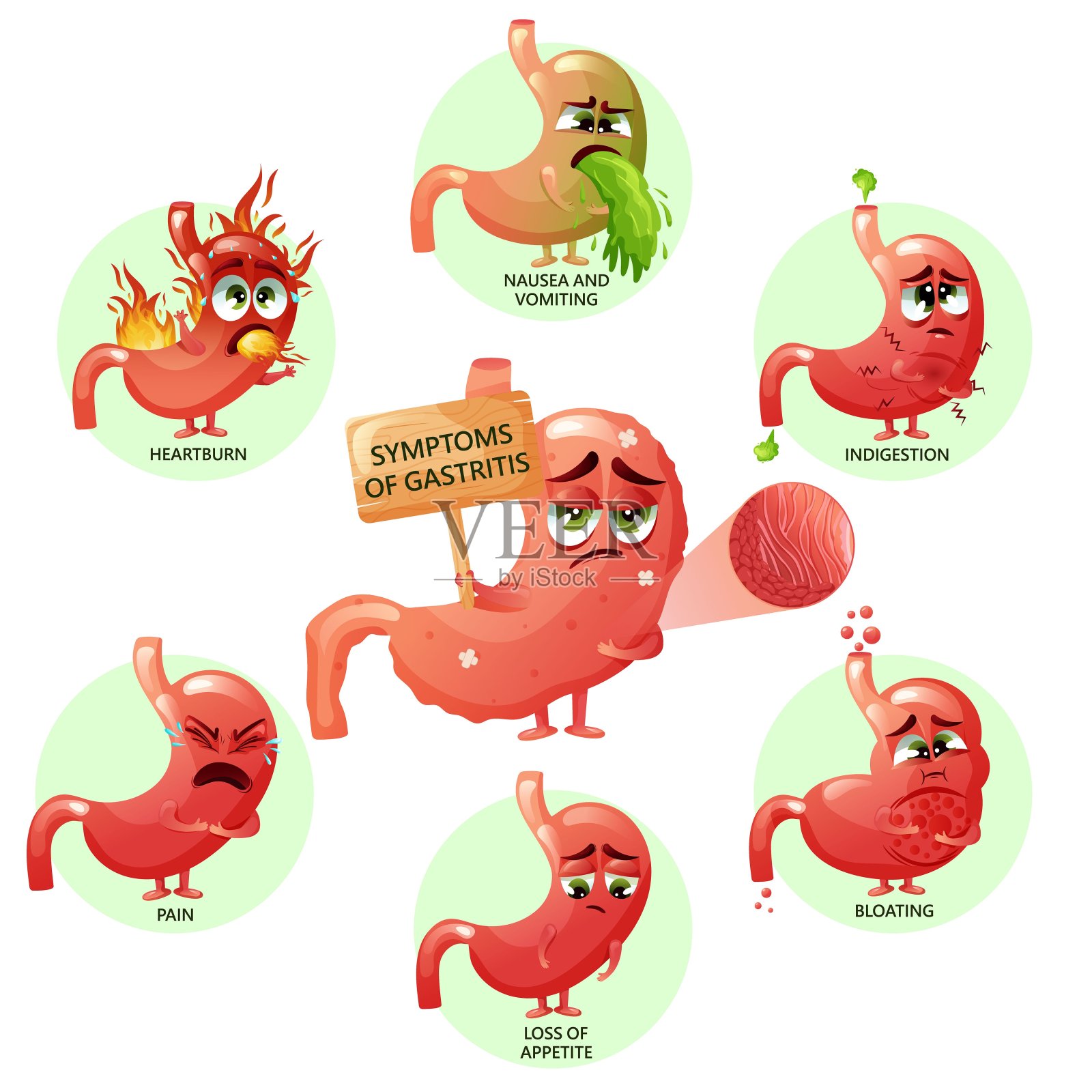 胃炎症状信息图与卡通胃人物插画图片素材