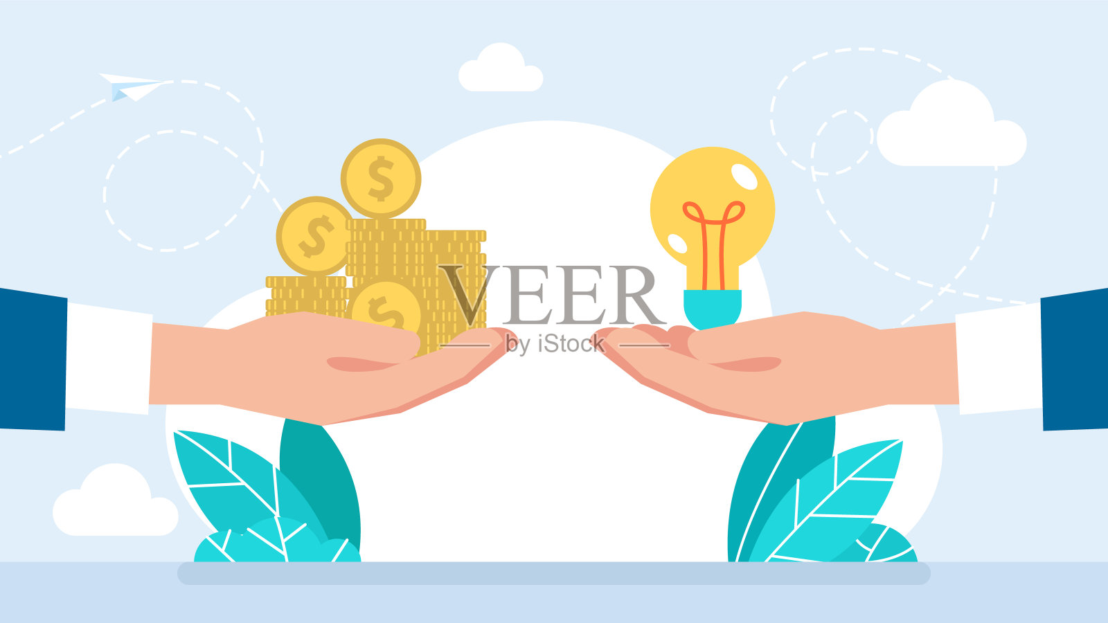 手里拿着钱和灯泡。商人手里拿着黄色发亮的灯泡和钱。购买创意，投资创新。思想交流，购买。财务上的成功，投资。矢量图插画图片素材