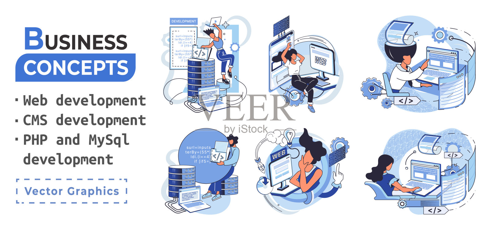 网站架构概念。网页开发，PHP, MySQL, CMS，界面设计，软件测试插画图片素材