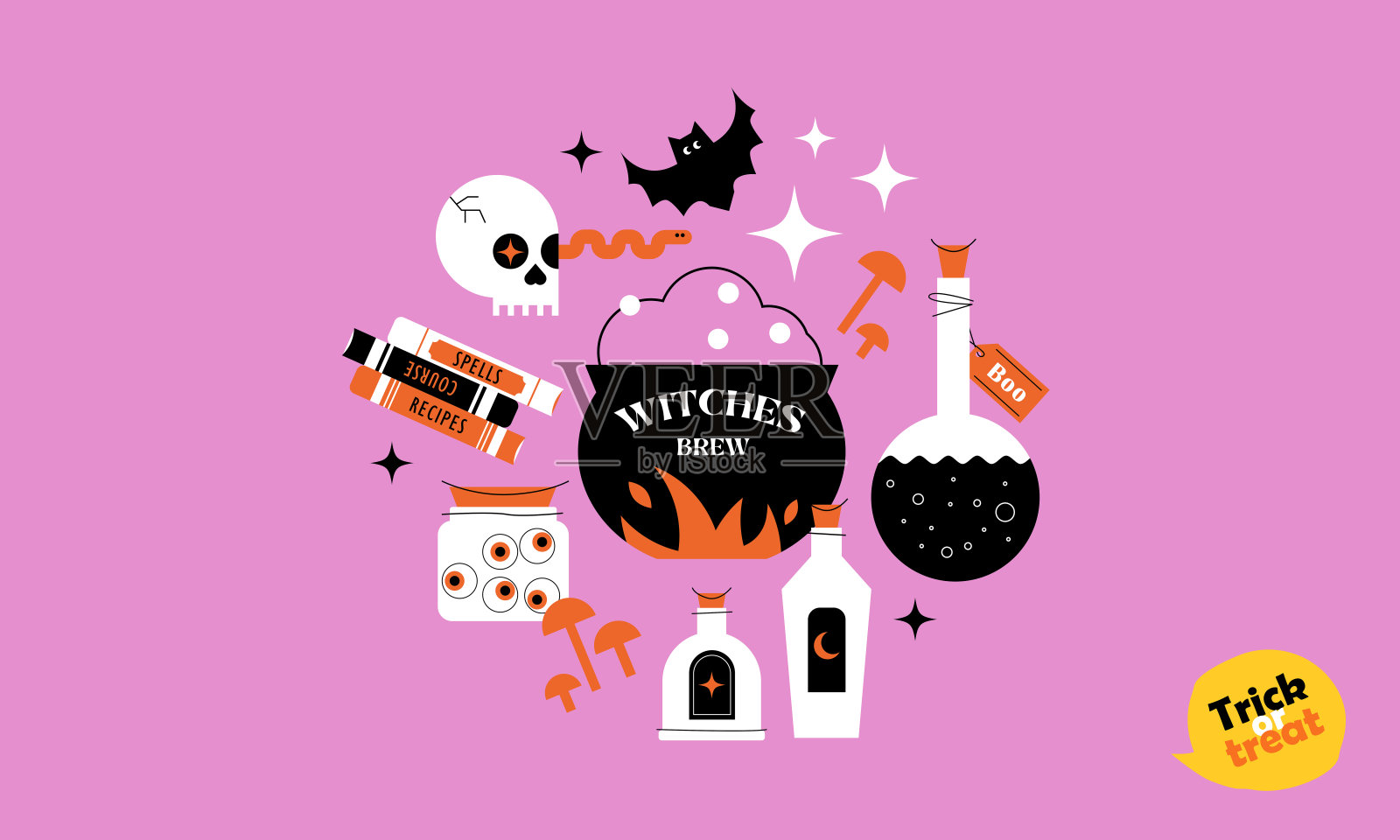 万圣节快乐。不给糖就捣蛋。矢量可爱的卡通卡，横幅与万圣节元素的女巫酿造，
蘑菇，眼睛，毒药，头骨，咒语书，蝙蝠。时尚平面设计的广告，问候，海报插画图片素材