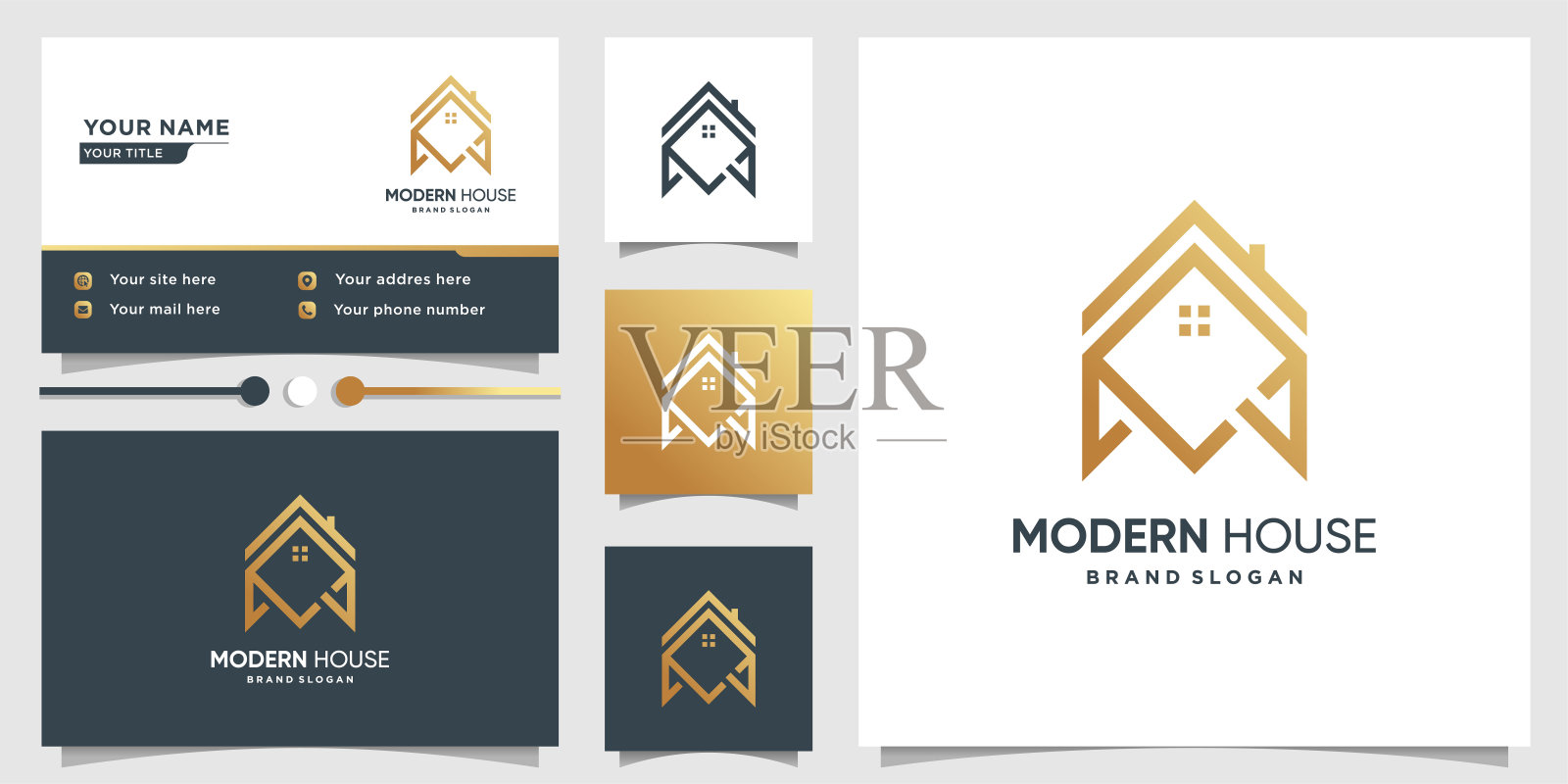 现代房子标志与线条艺术风格和名片设计高级矢量插画图片素材