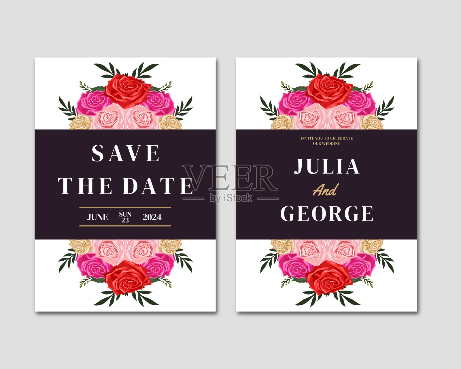 一套卡片与花玫瑰，树叶。婚礼饰品概念。花的海报。矢量装饰贺卡或邀请设计背景插画图片素材