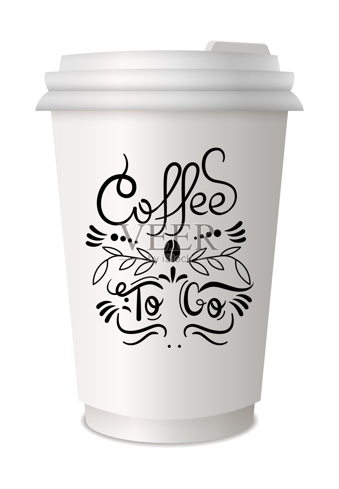 咖啡要放在一次性杯子上刻字。刻字标志引用文本。热街饮料包装塑料纸板或纸盖多样性。新潮明亮的涂鸦风格插画图片素材