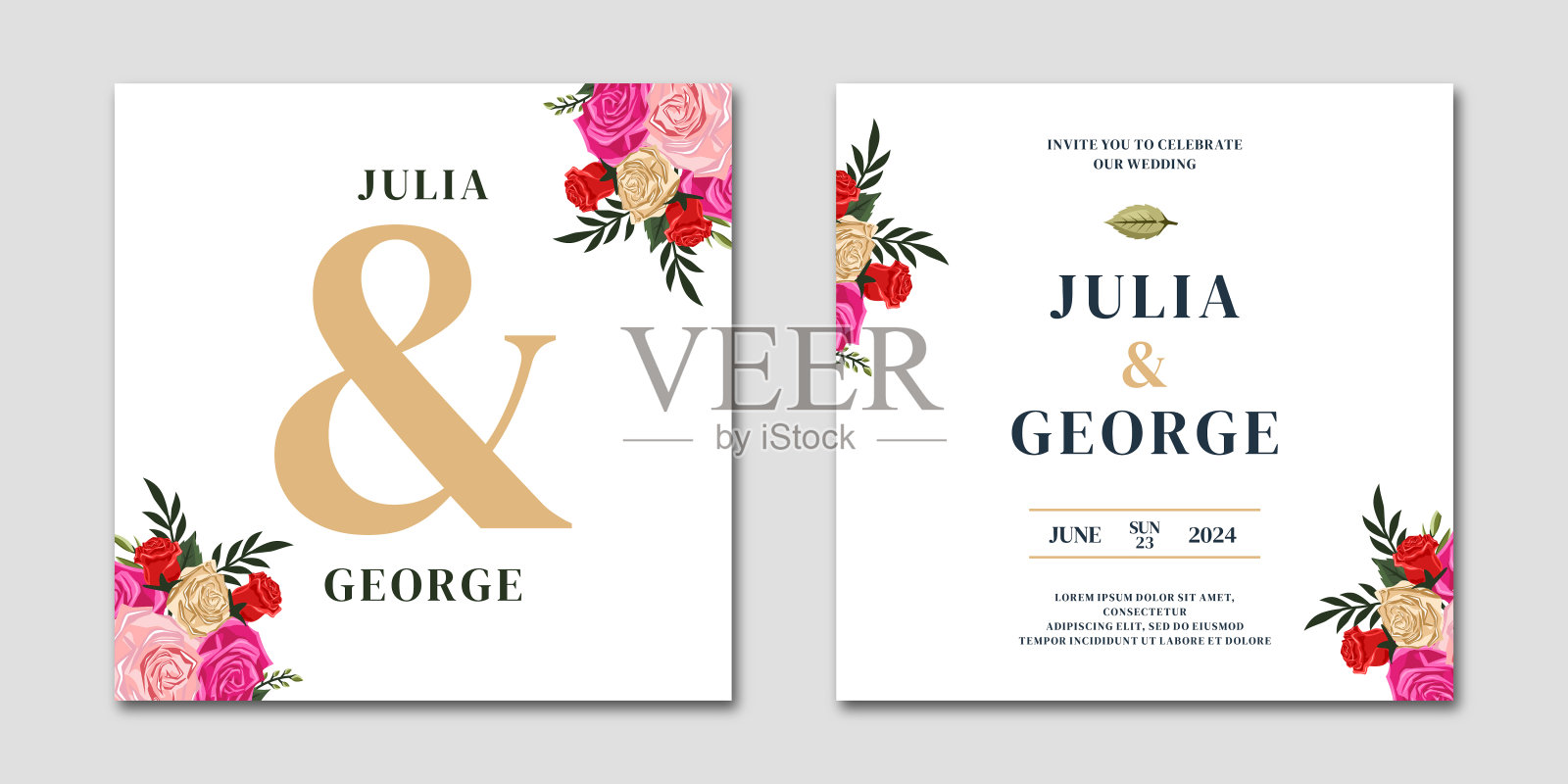 一套卡片与花玫瑰，树叶。婚礼饰品概念。花的海报。矢量装饰贺卡或邀请设计背景插画图片素材