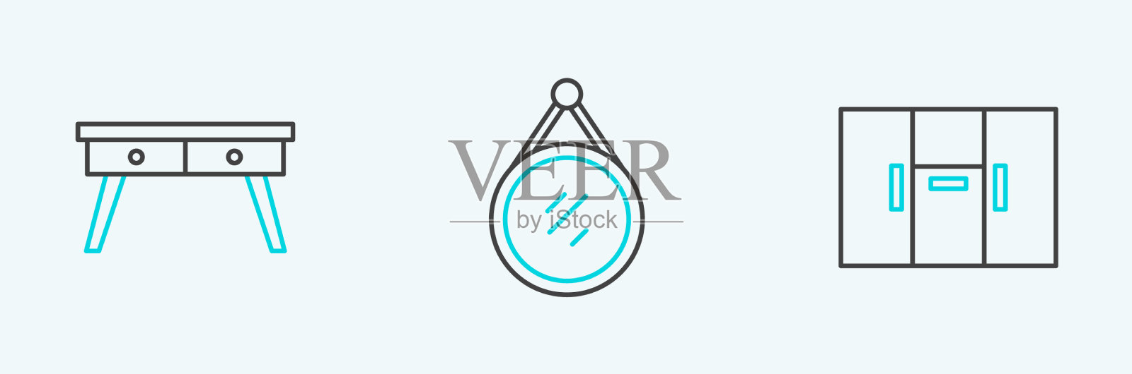 设置线衣柜、办公桌和镜子图标插画图片素材