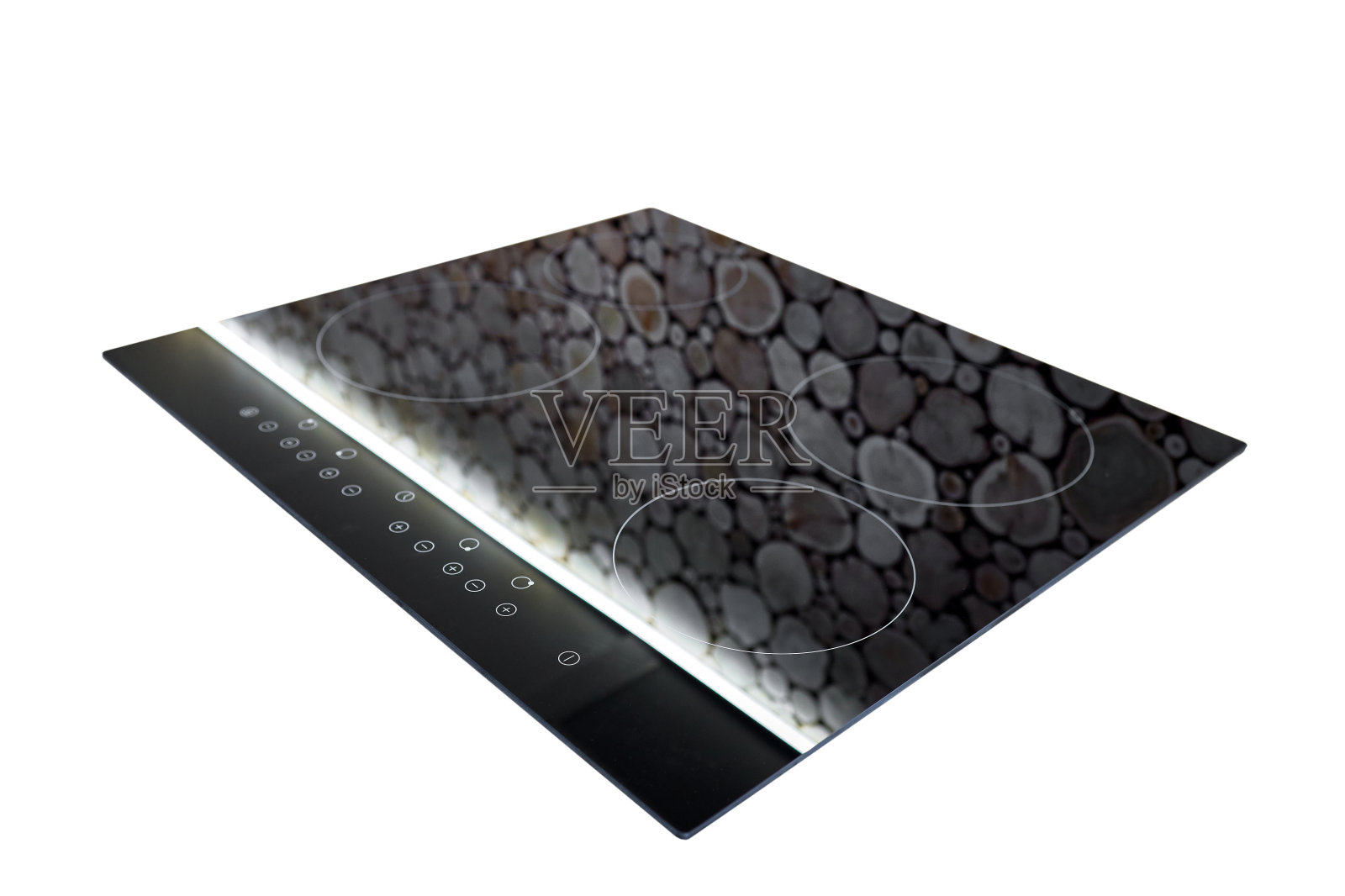 现代厨房内饰与黑色感应炉，炊具，滚刀或内置炉灶与陶瓷顶面，隔离在白色背景。照片摄影图片