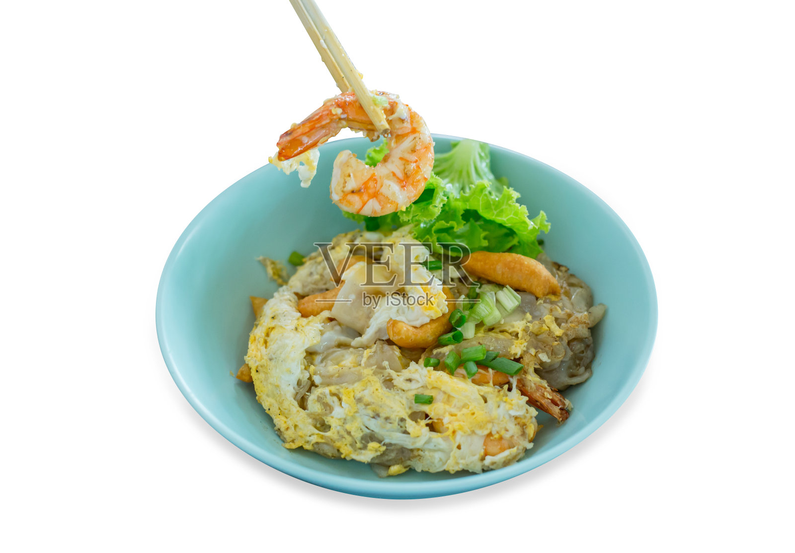 对虾炒米粉的俯视图，重点选择性照片摄影图片