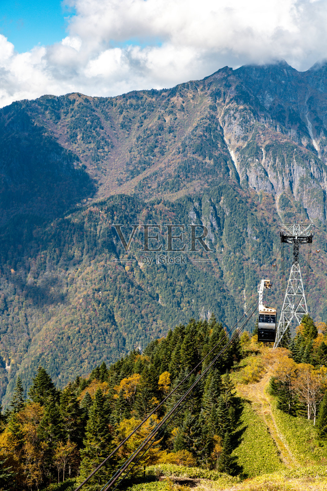 以缆车和索道为游客服务的主要旅游景点新堀田的秋色氛围。阿尔卑斯山脉、新贺高索道和秋天的树叶。照片摄影图片