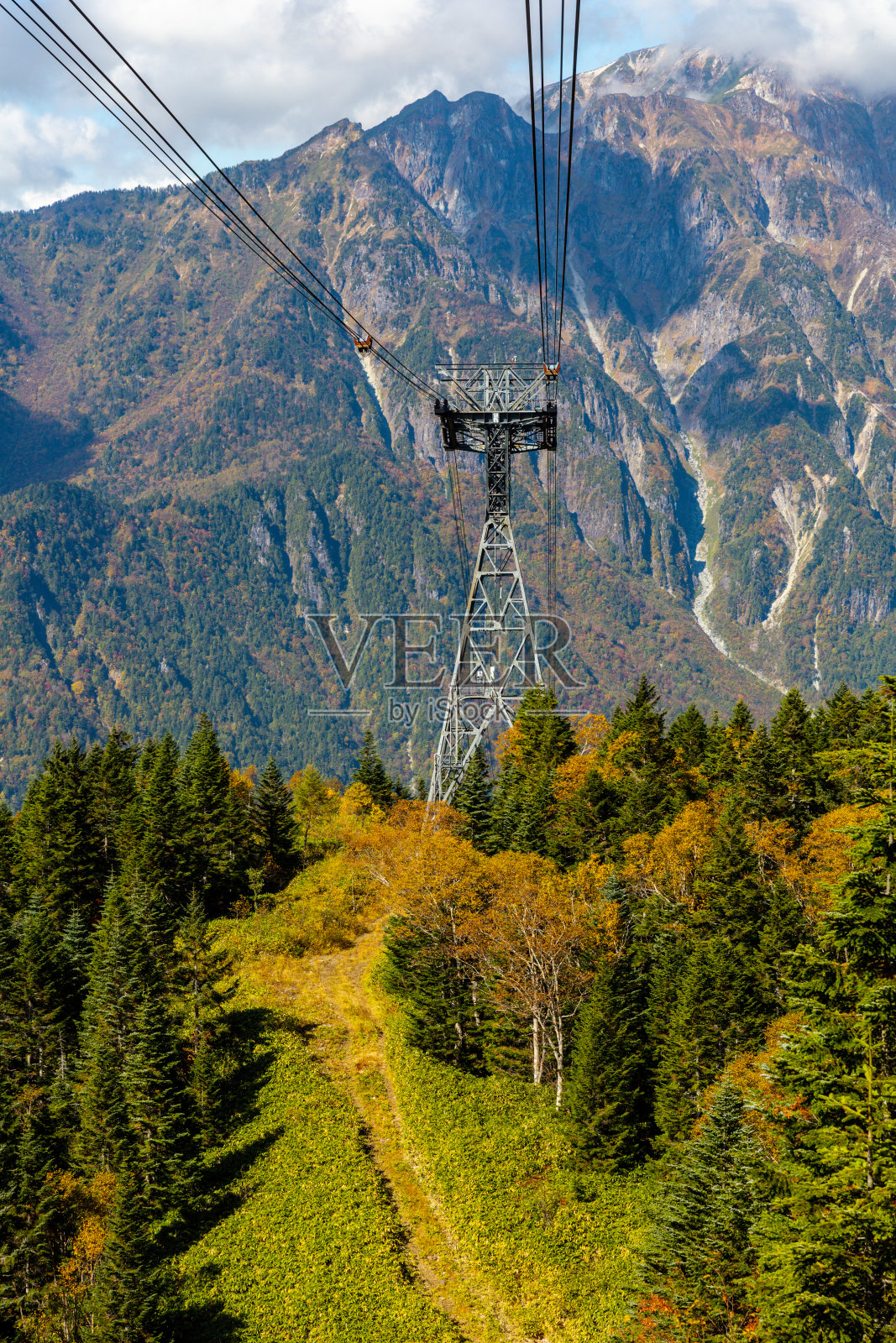 以缆车和索道为游客服务的主要旅游景点新堀田的秋色氛围。阿尔卑斯山脉、新贺高索道和秋天的树叶。照片摄影图片