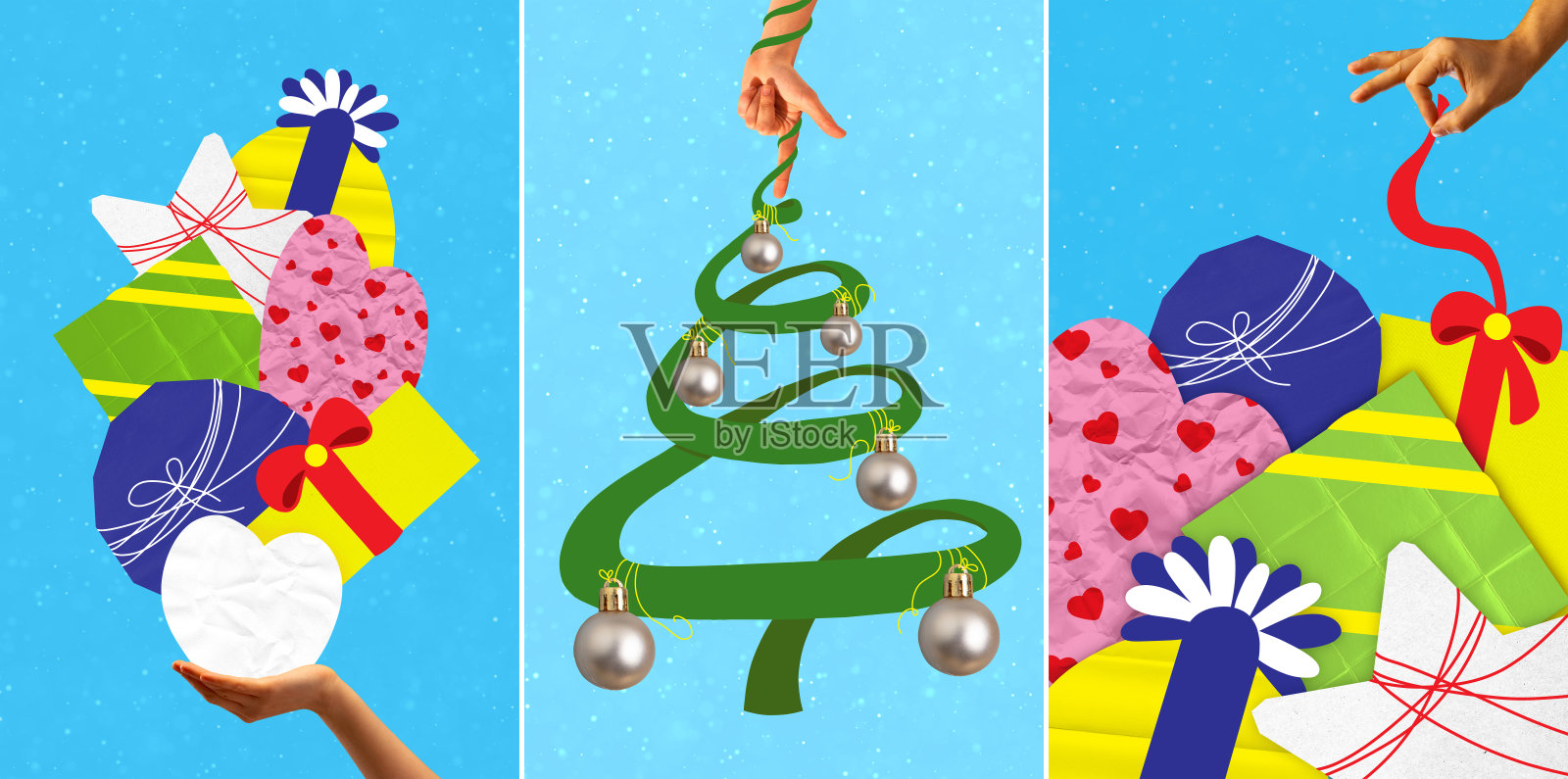 海报。当代艺术拼贴。现代创意集海报与圣诞树，玩具，装饰品和许多礼物从圣诞老人或圣尼古拉斯。照片摄影图片