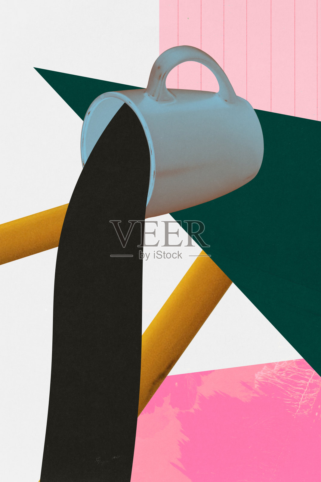 当代艺术拼贴。现代创意艺术。倒出一杯热意式浓缩咖啡，咖啡与绘制元素。照片摄影图片