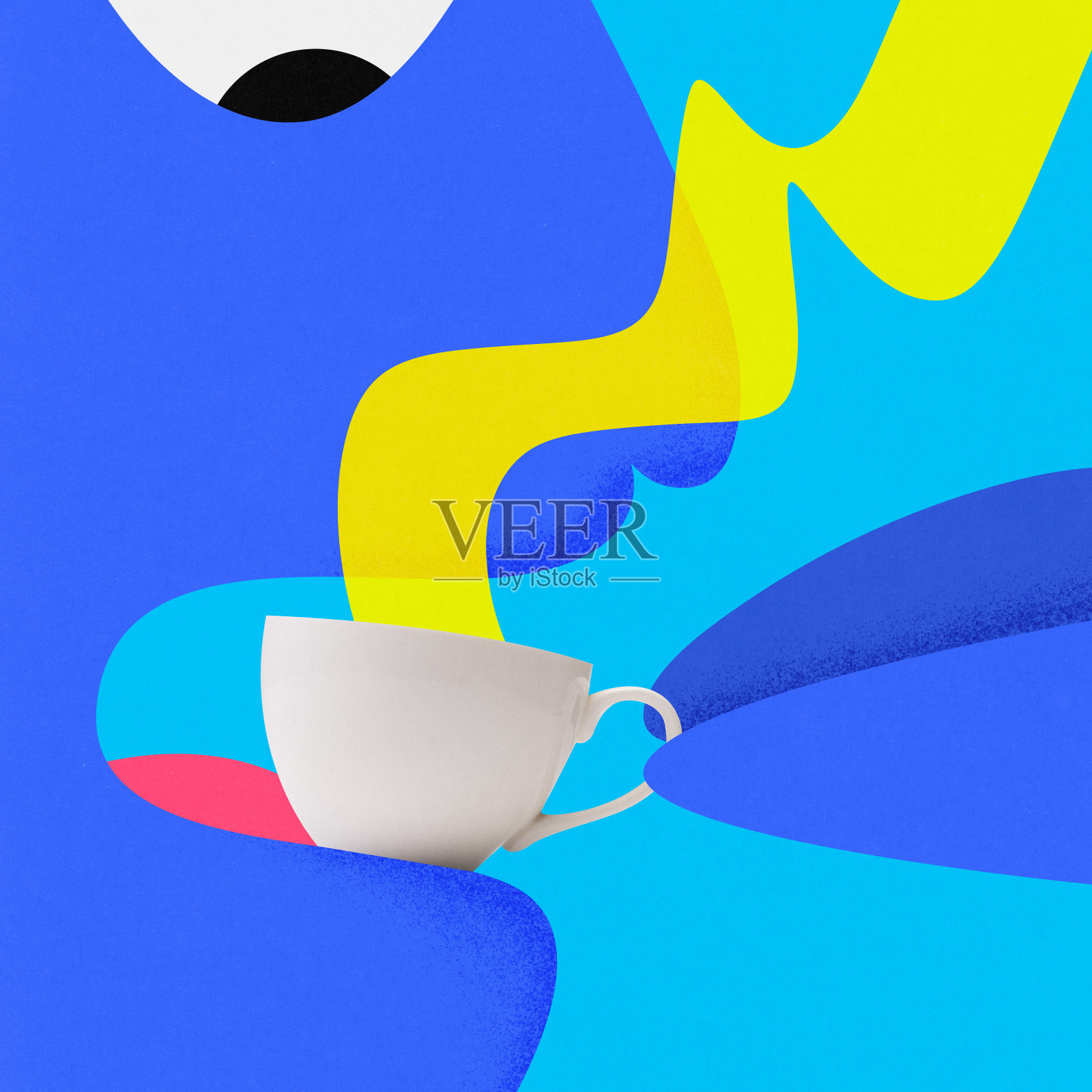 当代艺术拼贴。现代创意艺术。画出超现实主义的人脸，人吃着一杯芳香、美味、热腾腾的咖啡。照片摄影图片