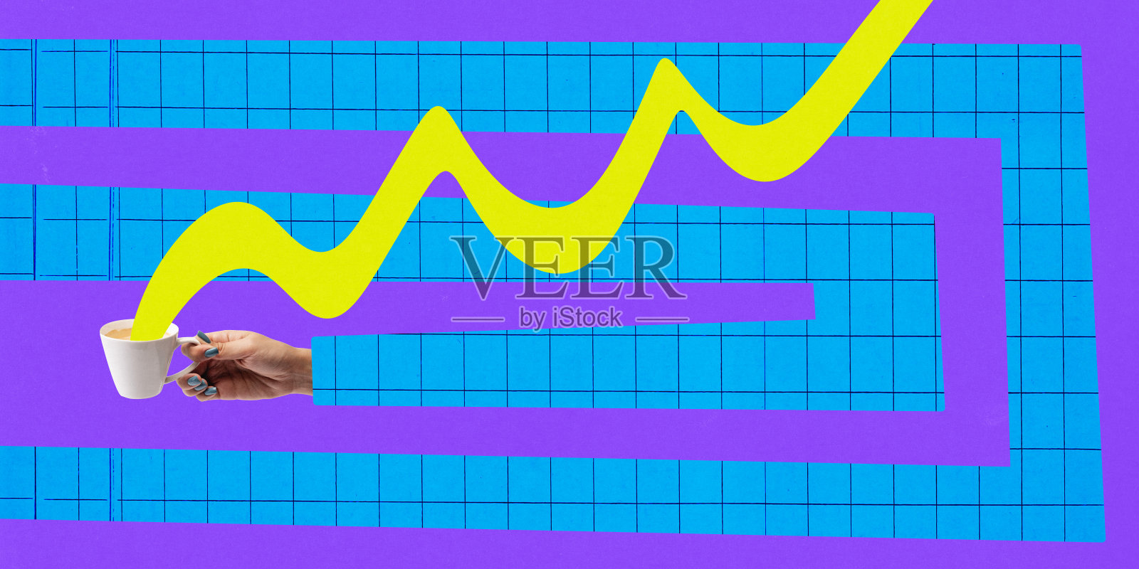 当代艺术拼贴。现代创意艺术。长长的女性手穿着彩绘的衣服，捧着一杯芳香、美味、热的咖啡。休息。照片摄影图片