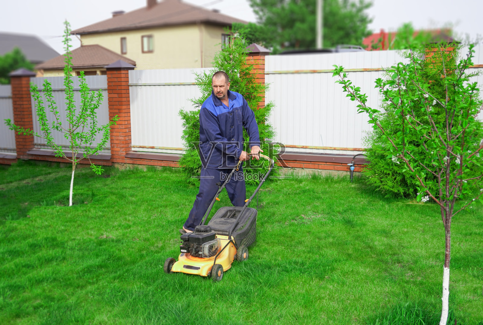 这个人正在花园里干活。用割草机割草。照片摄影图片