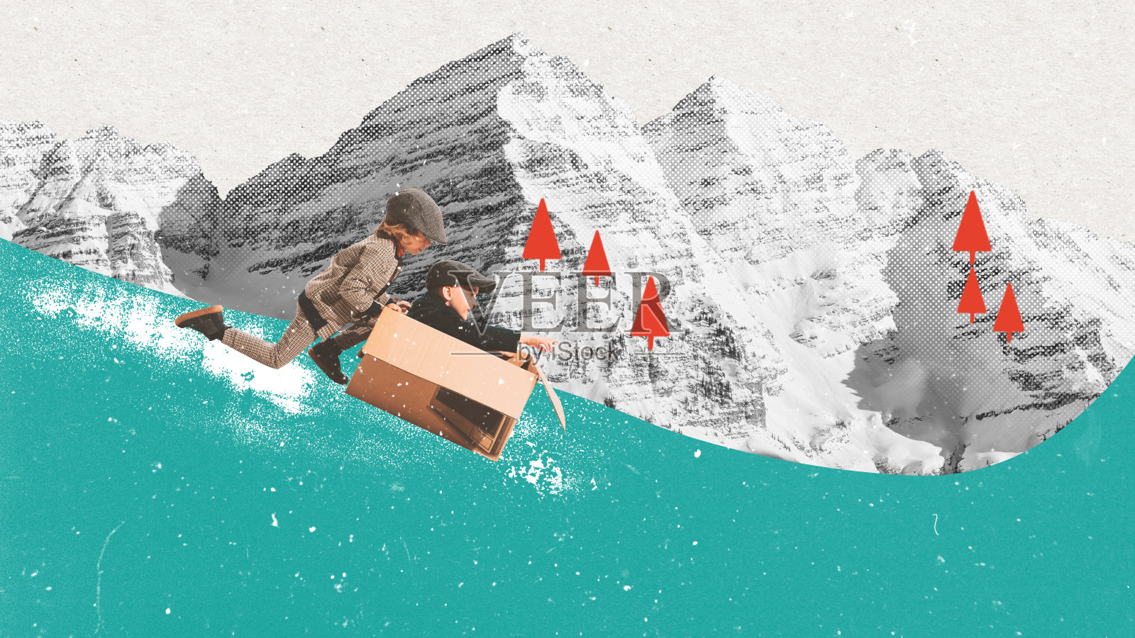 顽皮快乐的孩子们，在冰湖上玩耍的男孩们。活跃的游戏。山的背景。当代艺术拼贴。照片摄影图片