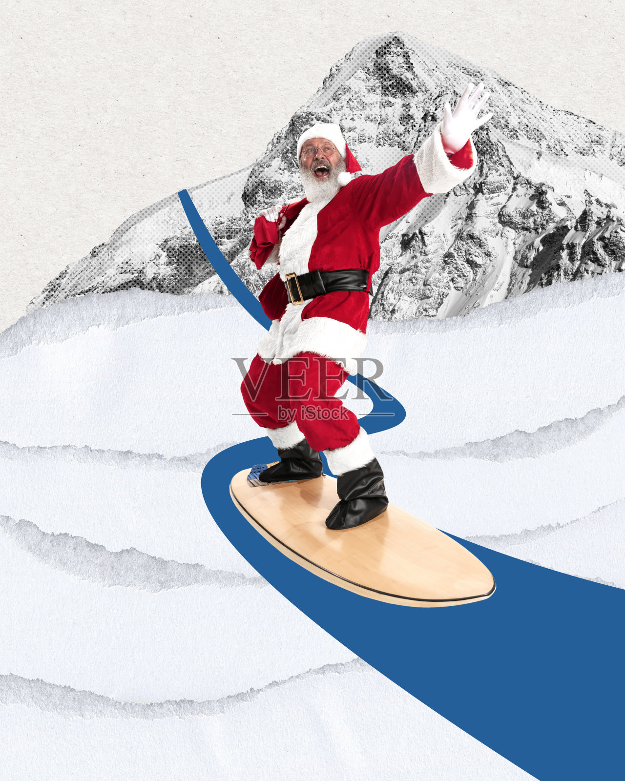老人，圣诞老人在雪道上滑雪。当代艺术拼贴。照片摄影图片