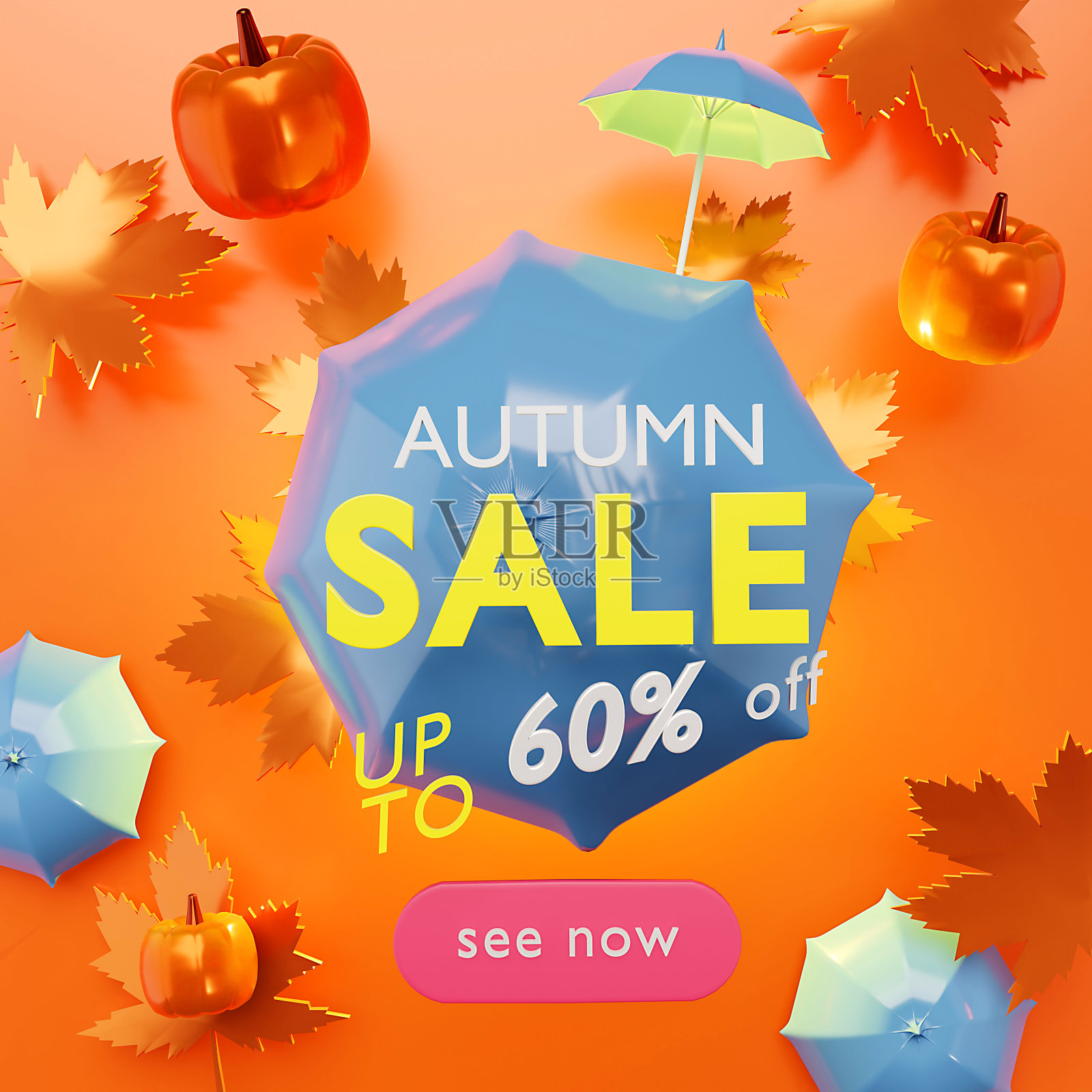 3d模板设计-一个橙色南瓜和紫色雨伞。秋天出售。照片摄影图片