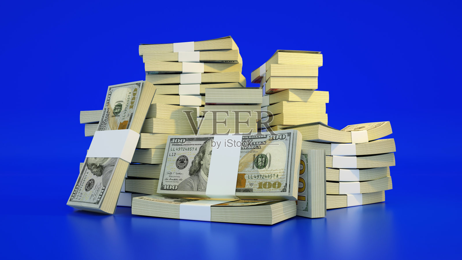 许多叠美元钞票。大量的钱被隔离在蓝色的背景上。捆绑现金的3d渲染照片摄影图片