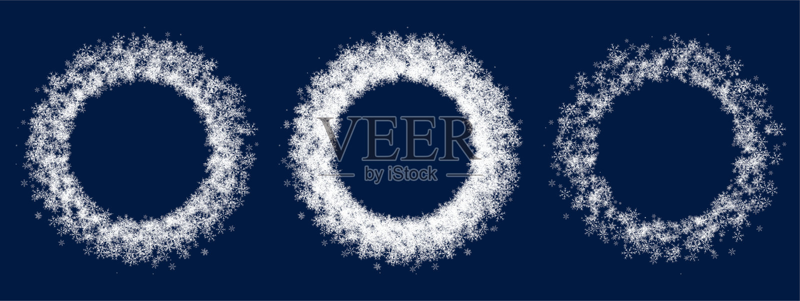一套冬天的雪花戒指。柔软蓬松的白色雪花圆设计和装饰的冬季节日贺卡，社交媒体模板。简单的矢量图标隔离在蓝色背景插画图片素材