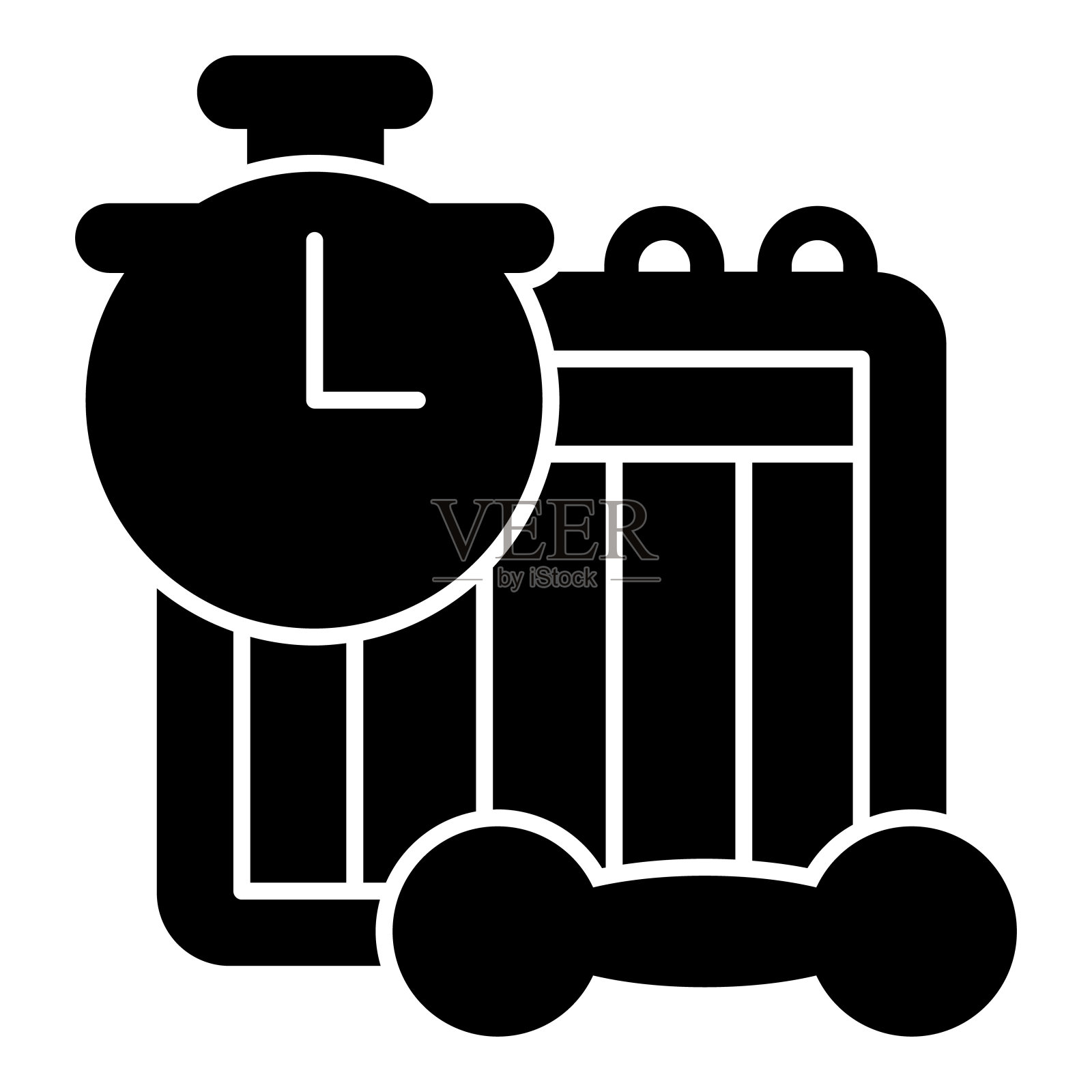 日历时钟和哑铃固体图标，饮食概念，运动时间表标志在白色背景，健康的生活方式日历图标风格的网页设计。矢量图形。插画图片素材