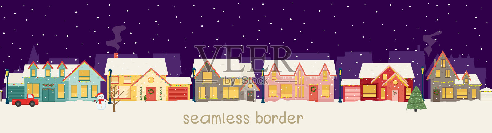 圣诞和新年无缝边界。雪夜在舒适的圣诞小镇城市全景。冬季圣诞村插画图片素材