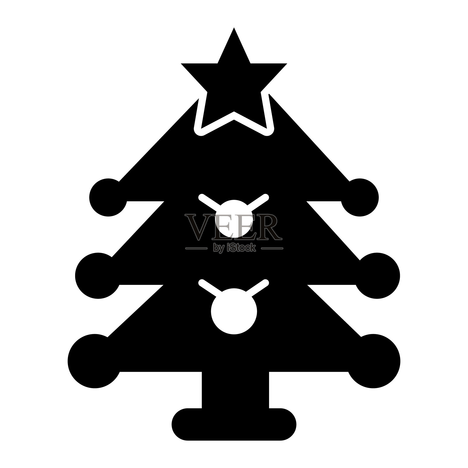 圣诞树固体图标，圣诞概念，第一棵树与装饰标志在白色背景，圣诞树图标在字形风格的移动概念网页设计。矢量图形。插画图片素材