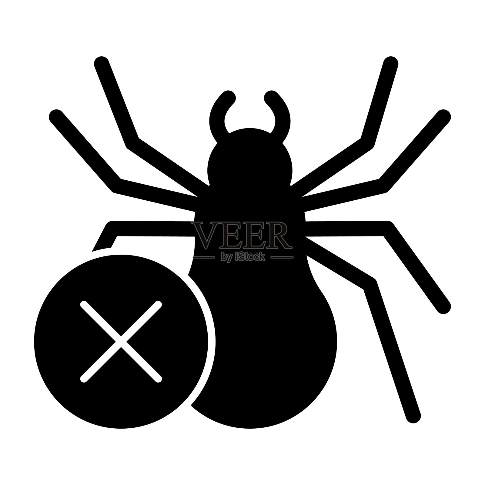 蜘蛛和禁止符号固体图标，害虫控制概念，白色背景上的反狼蛛标志，在字形风格的移动概念网页设计中没有蜘蛛图标。矢量图形。插画图片素材